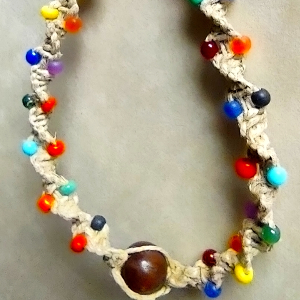 Handmade Hemp ankle bracelet w/multi color glass beads braided 1wood bead center